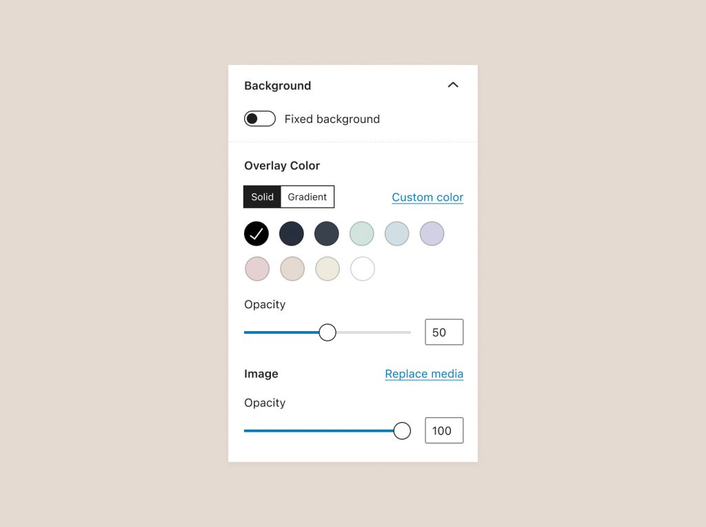 Background panel with sections for Overlay Color settings and Image (or other media) settings