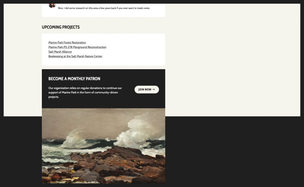 Footer widget area with a black box that reads, “Become a monthly Patron” with paragraph text and a “Join now” button in a separate column. A painted image of a waves hitting rocks is directly below with no space between.