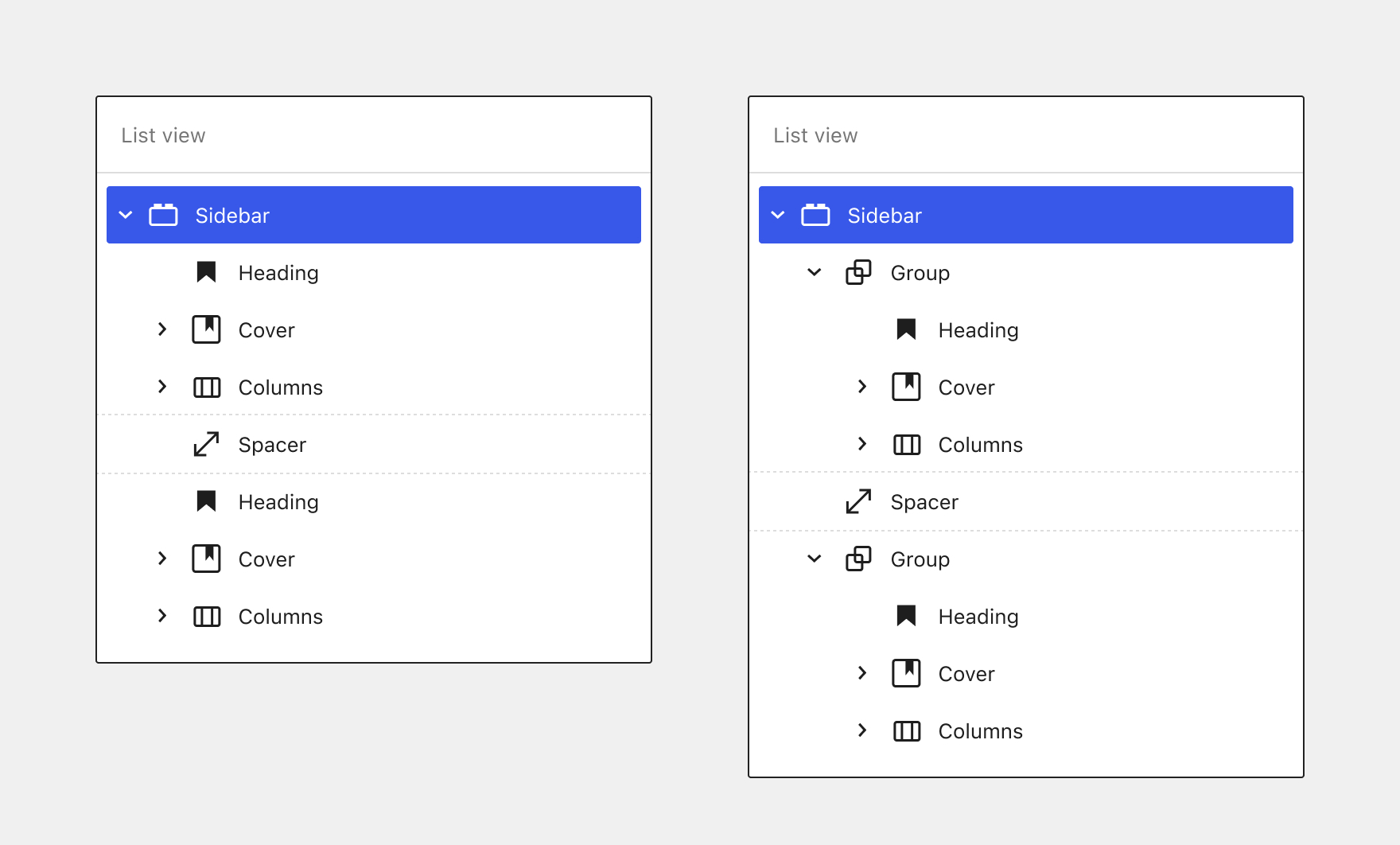 Side by side comparison of List view of a Sidebar widget area with and without grouped/nested lockups.