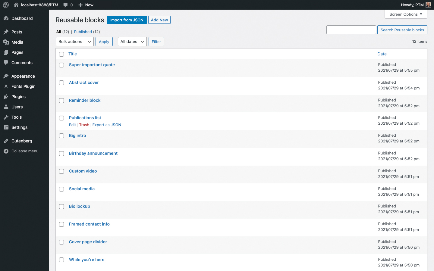 Classic post type management screen for reusable blocks