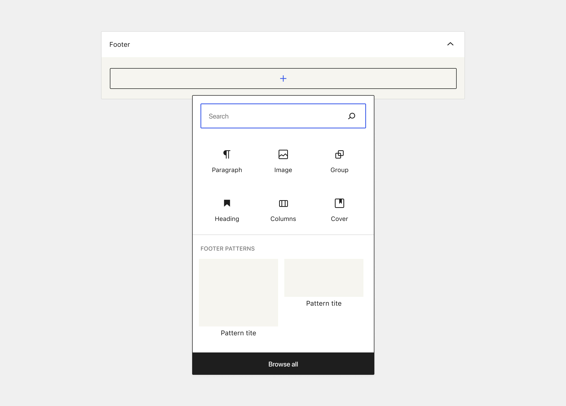 Footer widget area with a search bar and block options in the top section and pattern options in a section below. There's a black “browse all” button that stretches across the bottom of the popover.
