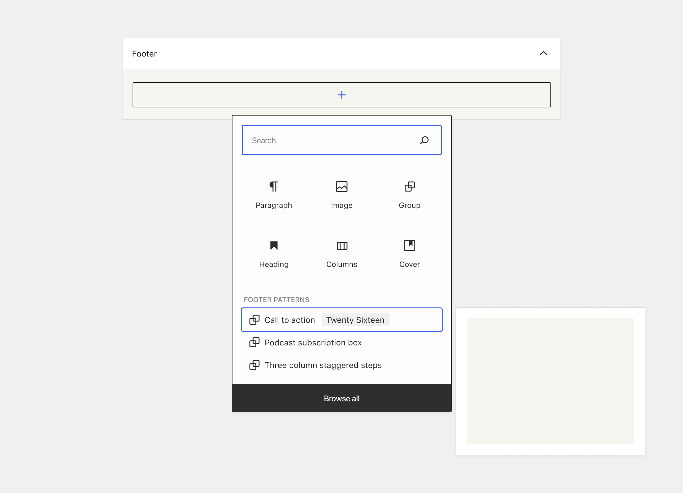 Footer widget area with a search bar and block options in the top section and pattern options in a section below. There's a black “browse all” button that stretches across the bottom of the popover.