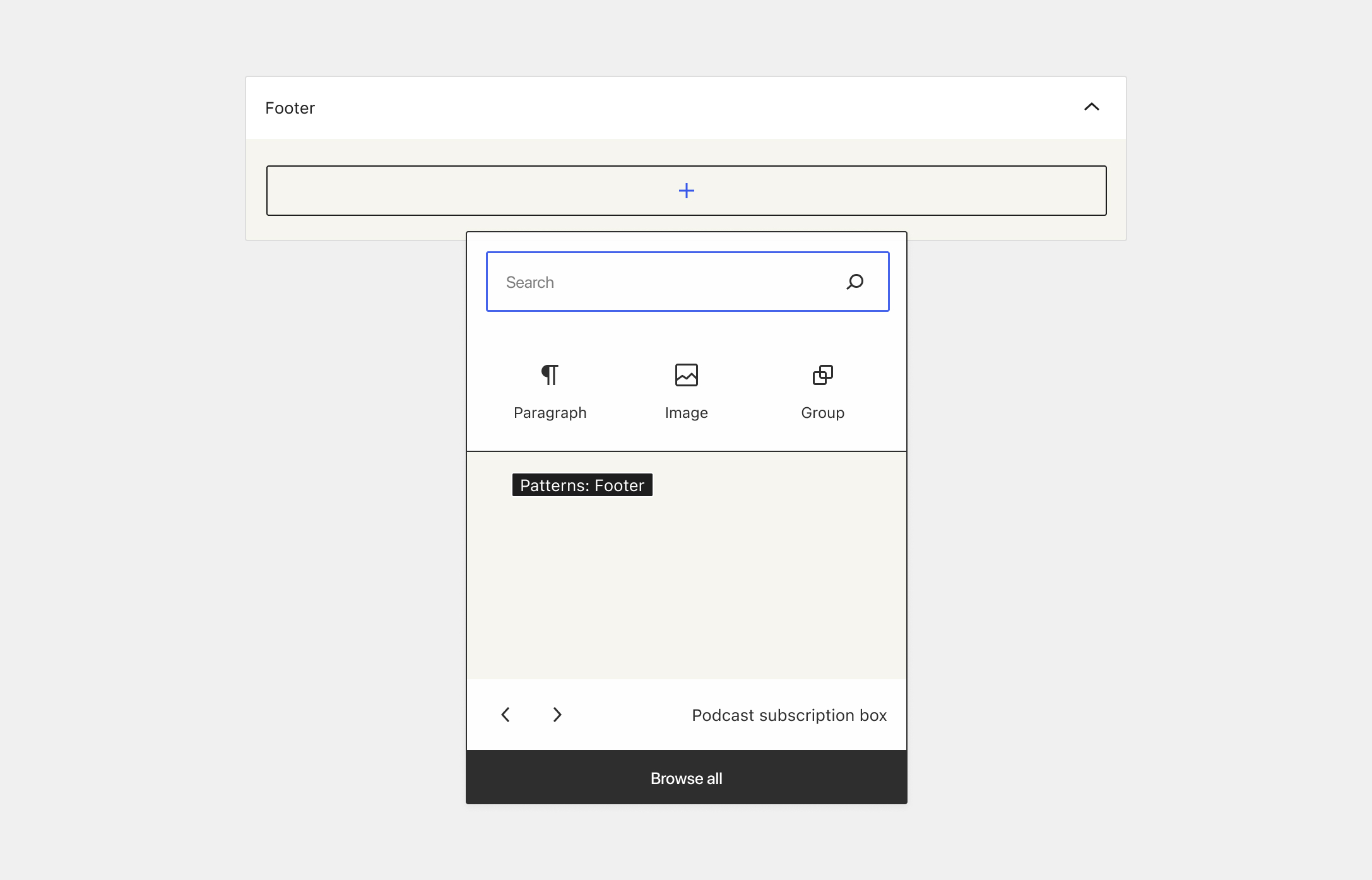 Footer widget area with a search bar and block options in the top section and pattern options in a section below. There's a black “browse all” button that stretches across the bottom of the popover.